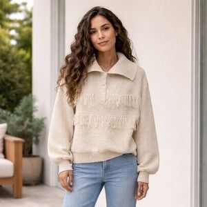 POL Cream Fringe Knit Henley Sweater Long Sleeve Cozy Pullover Medium